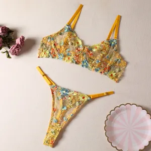 Women Sexy Mesh Floral Embroidery Lingerie Two-Piece Set