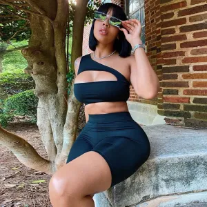 Women Fashion Sexy Irregular One Shoulder Cut Out Crop Top And Tight Shorts Sports Solid Color Set