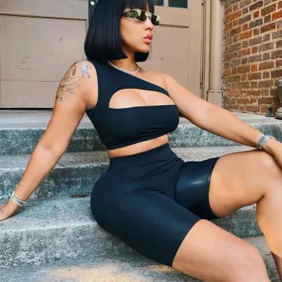 Women Fashion Sexy Irregular One Shoulder Cut Out Crop Top And Tight Shorts Sports Solid Color Set
