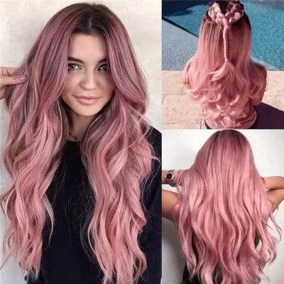 Women Fashion Pink Big Wavy Curly Long Hair Medium Split Fiber Wig Headgear