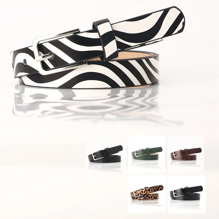 Women's Casual Fashion Leopard Zebra Alloy Pin Buckle Thin Belt 1.8cm Wide 103cm Long