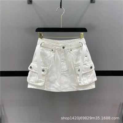 Women's Sexy Solid Color Denim Skirt with Large Pockets