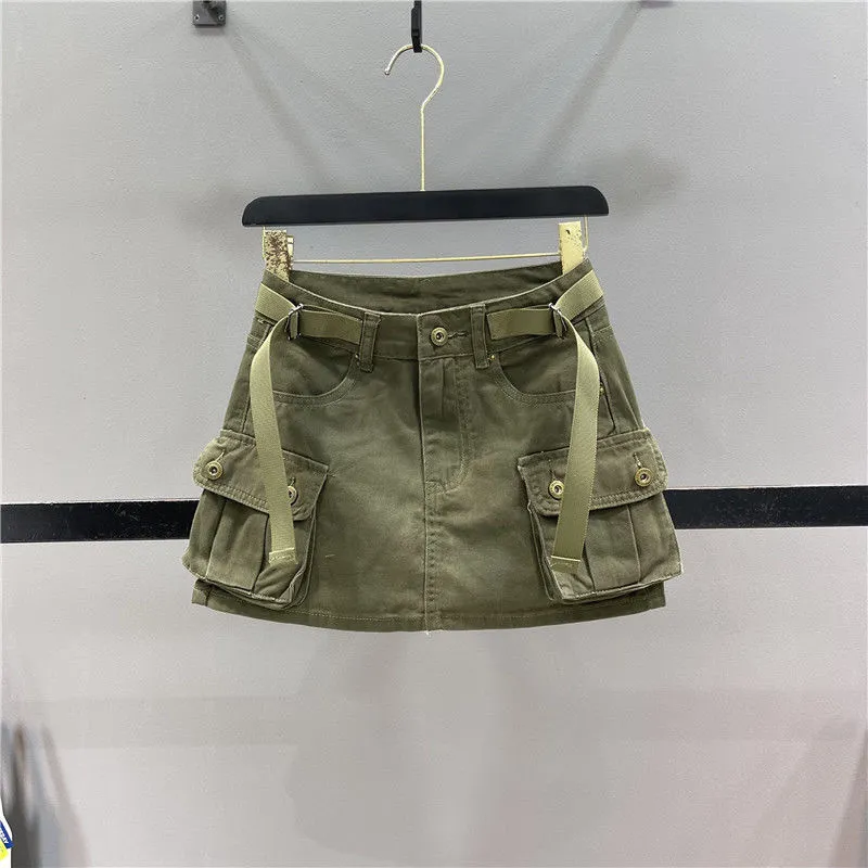 Women's Sexy Solid Color Denim Skirt with Large Pockets