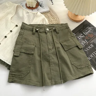 Women Casual Drawstring Waist Solid Color Denim Skirt