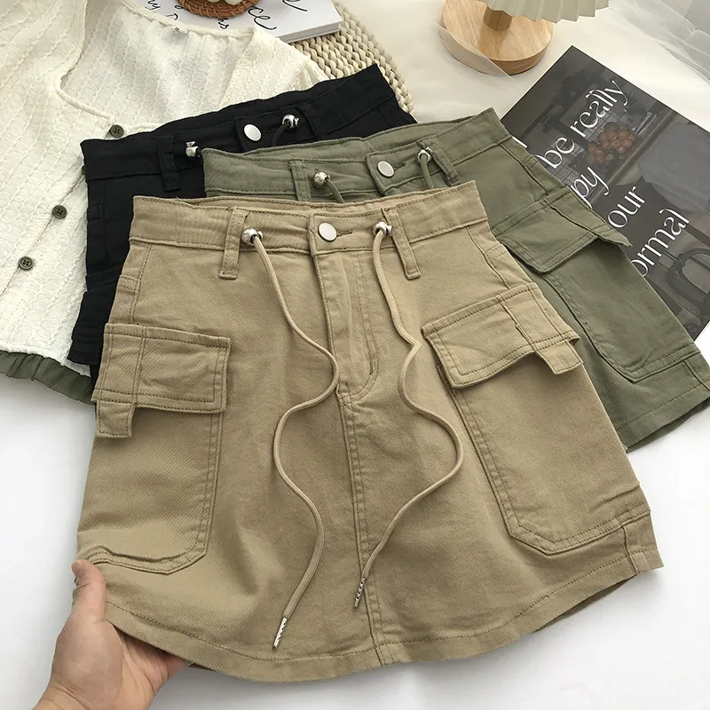 Women Casual Drawstring Waist Solid Color Denim Skirt