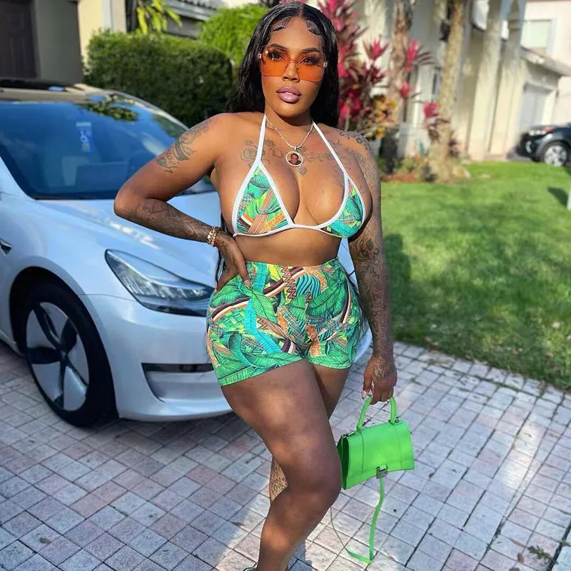 Women's Halter Strap Geometric Print Swimsuit Set - Street Hipster Style