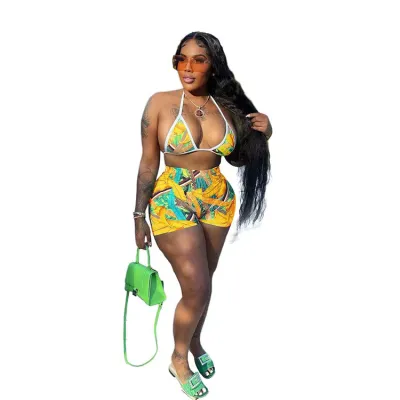 Women's Halter Strap Geometric Print Swimsuit Set - Street Hipster Style