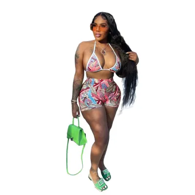 Women's Halter Strap Geometric Print Swimsuit Set - Street Hipster Style