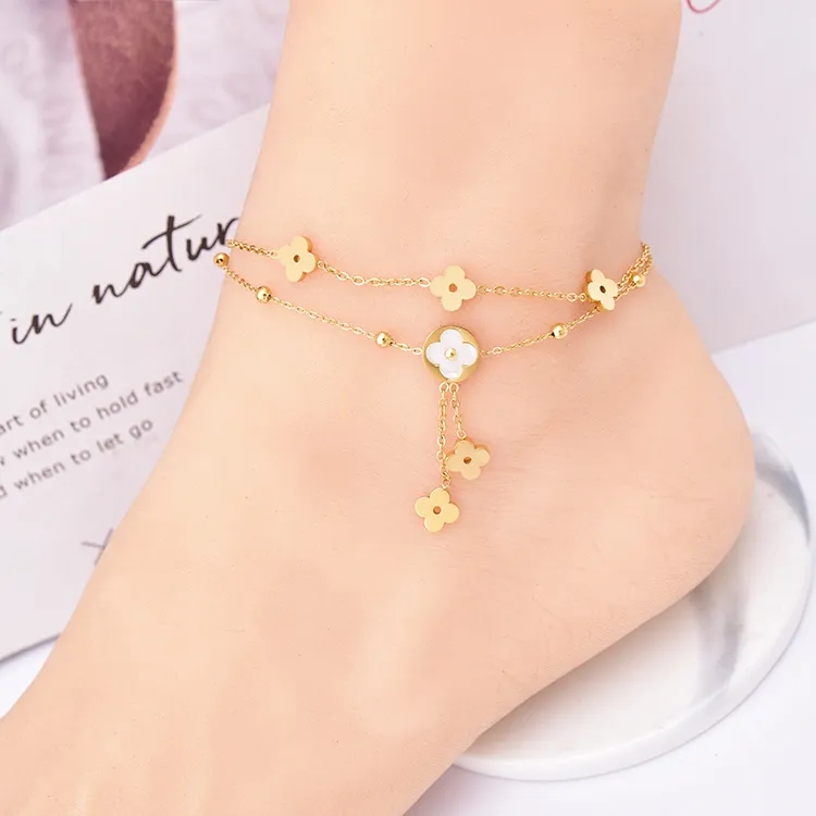 Women Fashion Four-Leaf Clover Tassel Double-Layer Stainless Steel Anklet