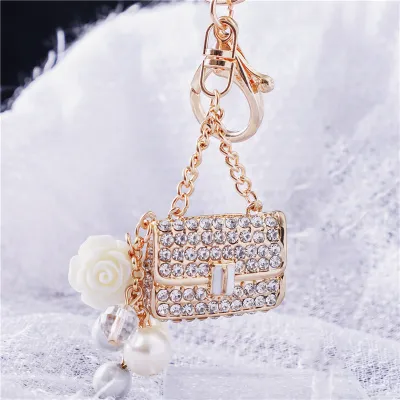 Women Fashion Rhinestone Handbag High-Heeled Shoes Flowers Design Key Chain