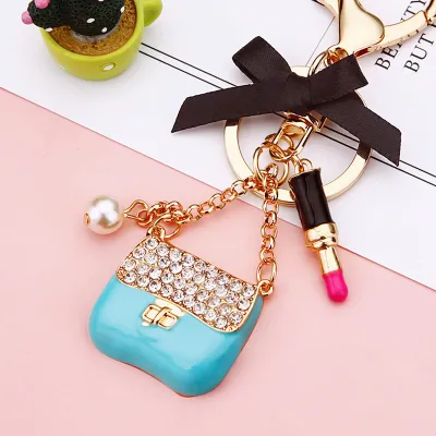 Women Fashion Rhinestone Handbag High-Heeled Shoes Flowers Design Key Chain