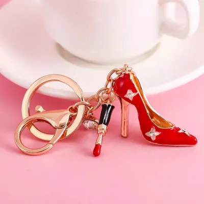 Women Fashion Rhinestone Handbag High-Heeled Shoes Flowers Design Key Chain