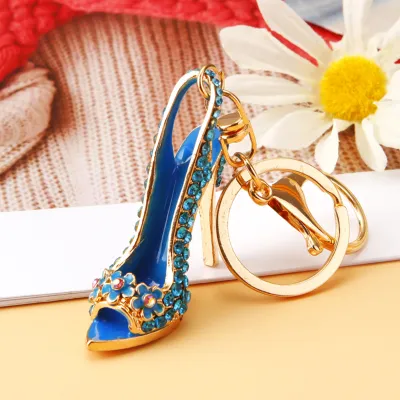 Women Fashion Rhinestone Handbag High-Heeled Shoes Flowers Design Key Chain