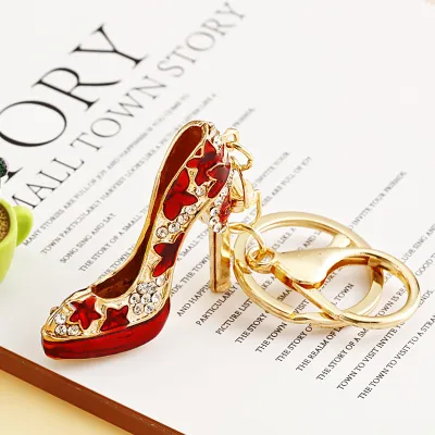 Women Fashion Rhinestone Handbag High-Heeled Shoes Flowers Design Key Chain