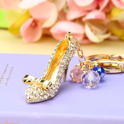 Women Fashion Rhinestone Handbag High-Heeled Shoes Flowers Design Key Chain