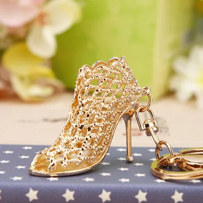 Women Fashion Rhinestone Handbag High-Heeled Shoes Flowers Design Key Chain