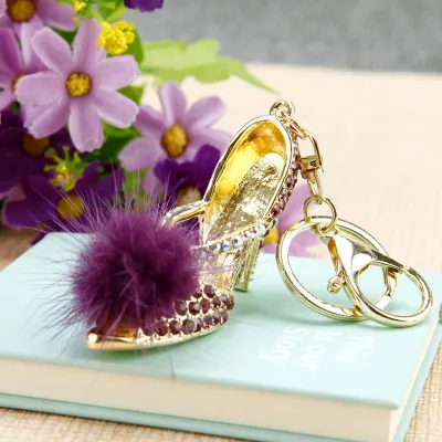 Women Fashion Rhinestone Handbag High-Heeled Shoes Flowers Design Key Chain