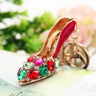 Women Fashion Rhinestone Handbag High-Heeled Shoes Flowers Design Key Chain