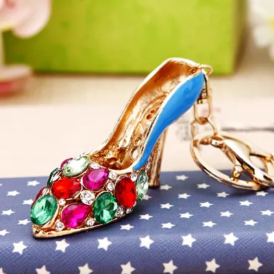 Women Fashion Rhinestone Handbag High-Heeled Shoes Flowers Design Key Chain