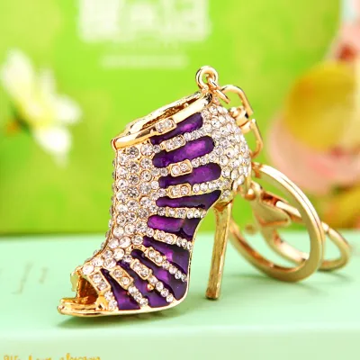 Women Fashion Rhinestone Handbag High-Heeled Shoes Flowers Design Key Chain