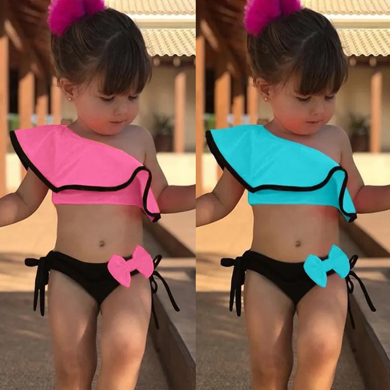 Girls One Shoulder Solid Color Bow 2-Piece Kids Swimwear Set