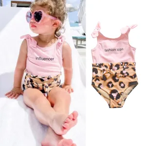 Children Kids Baby Fashion Girls Leopard Print Bow One Piece Swimsuit