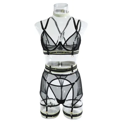 Women Sexy Mesh See-Through Color Blocking Choker Garter Lingerie Four-Piece Set