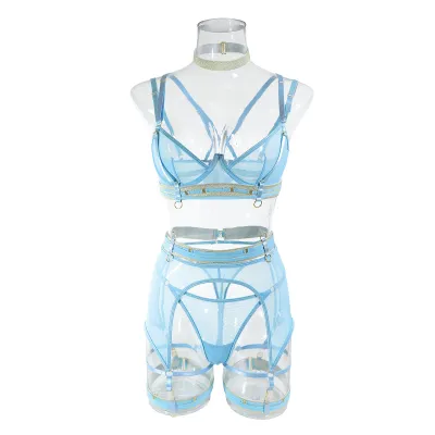Women Sexy Mesh See-Through Color Blocking Choker Garter Lingerie Four-Piece Set