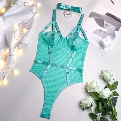 Women Solid Color Choker One Piece Sexy Lingerie Bra Set