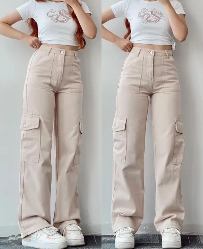 Women Casual Cotton Cargo Pants Solid Color Straight Fit Mid Waist