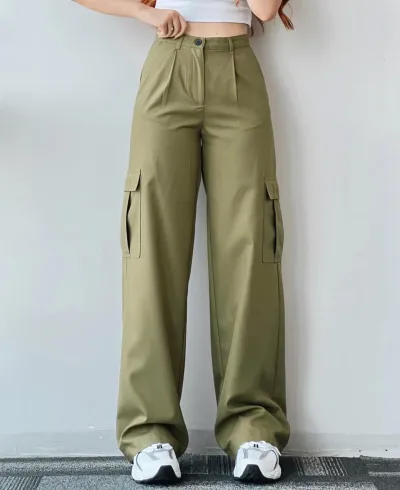 Women Casual Cotton Cargo Pants Solid Color Straight Fit Mid Waist