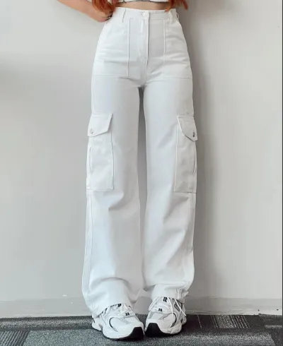 Women Casual Cotton Cargo Pants Solid Color Straight Fit Mid Waist