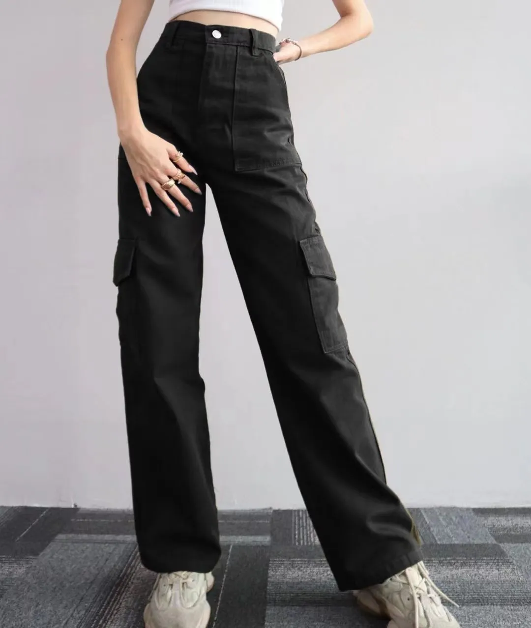 Women's Cargo Pants Solid Color High Waist Overalls Pants With