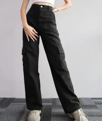 Women Casual Cotton Cargo Pants Solid Color Straight Fit Mid Waist