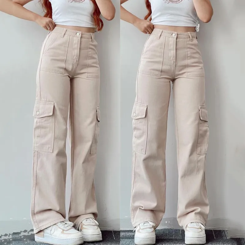 Women Casual Cotton Cargo Pants Solid Color Straight Fit Mid Waist