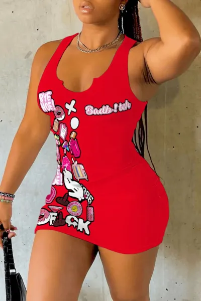 Women Sexy Casual Summer Graphic Print U Neck Mini Tank Dress
