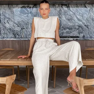 Women Casual Urban Style Cotton Linen Sleeveless Blouse And Pants Vacation Set