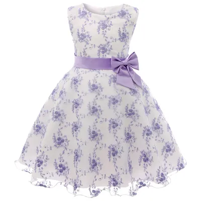 Kids Baby Girls Sleeveless Embroidered Flower Bow Mesh Princess Festival Party Dress Cotton Blend