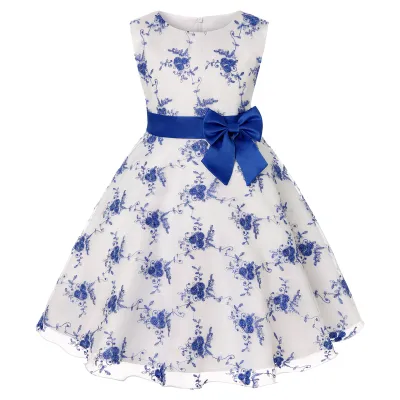 Kids Baby Girls Sleeveless Embroidered Flower Bow Mesh Princess Festival Party Dress Cotton Blend
