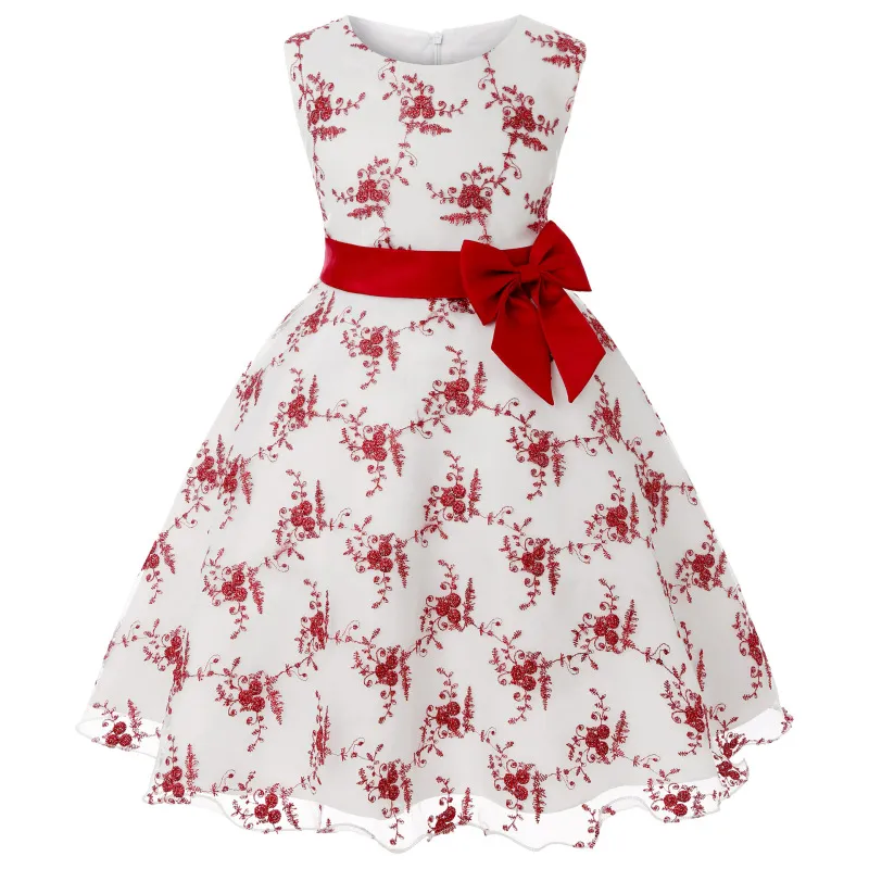 Kids Baby Girls Sleeveless Embroidered Flower Bow Mesh Princess Festival Party Dress Cotton Blend