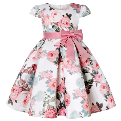 Kids Baby Girls Short Sleeve Retro Flower Print Bow Princess Festival Party Dress