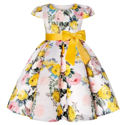 Kids Baby Girls Short Sleeve Retro Flower Print Bow Princess Festival Party Dress