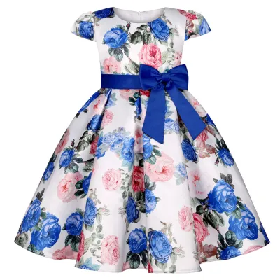 Kids Baby Girls Short Sleeve Retro Flower Print Bow Princess Festival Party Dress
