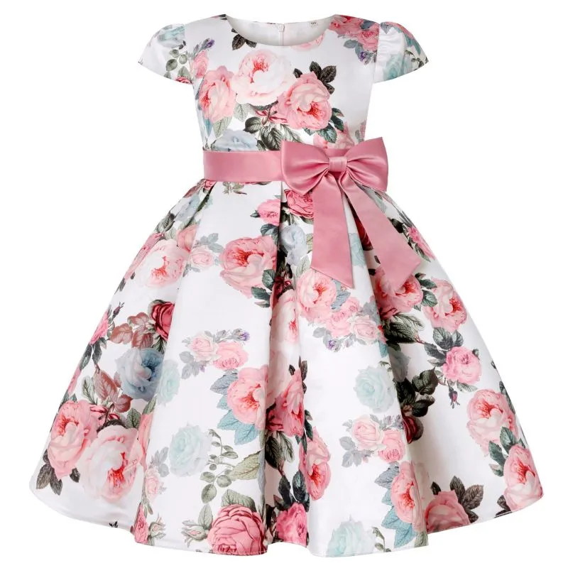 Kids Baby Girls Short Sleeve Retro Flower Print Bow Princess Festival Party Dress