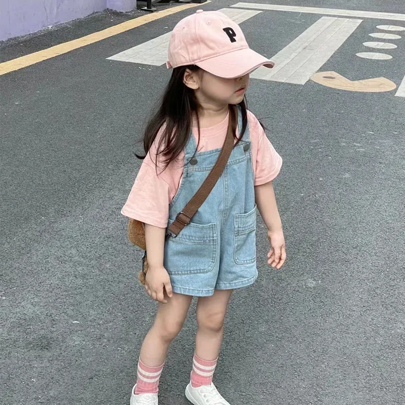 Toddler Baby Girls Solid Color Strap Denim Shorts Romper Cotton Summer Outfit