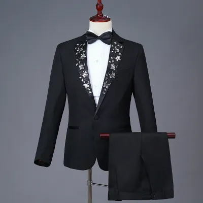 Men's Single Breasted Embroidery Blazer Set with Multiple Pockets for Wedding Banquet