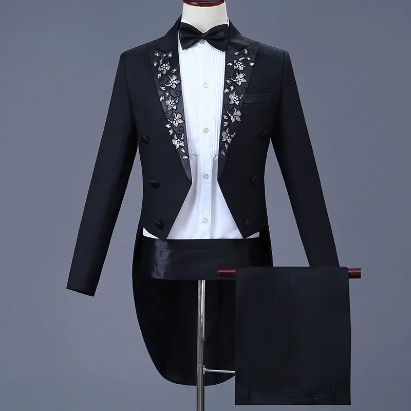 Men's Single Breasted Embroidery Blazer Set with Multiple Pockets for Wedding Banquet