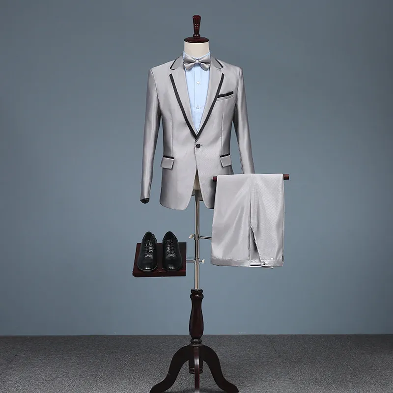 Men's Slim Notched Lapel Faux Wool Wedding Blazer Suit Set for Banquet