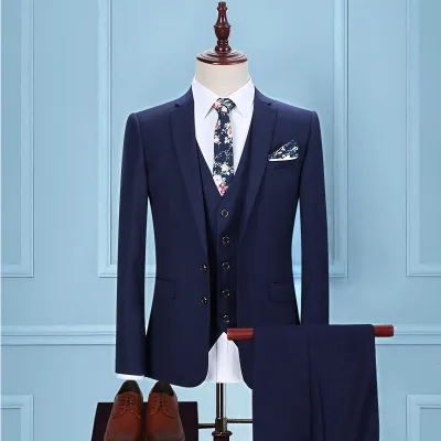 Men Slim Fit Wedding Suit Double Breasted Solid Blazer and Pants Set with Tie