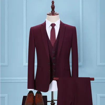 Men Slim Fit Wedding Suit Double Breasted Solid Blazer and Pants Set with Tie